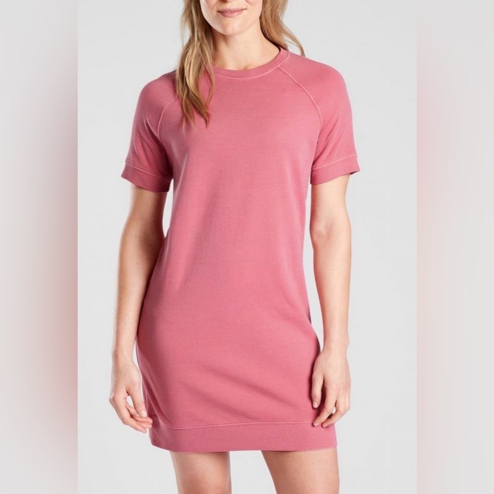 ATHLETA WOMEN'S GUAVA ROSE SHORT SLEEVE SUNDOWN COTTON SWEATSHIRT DRESS Medium